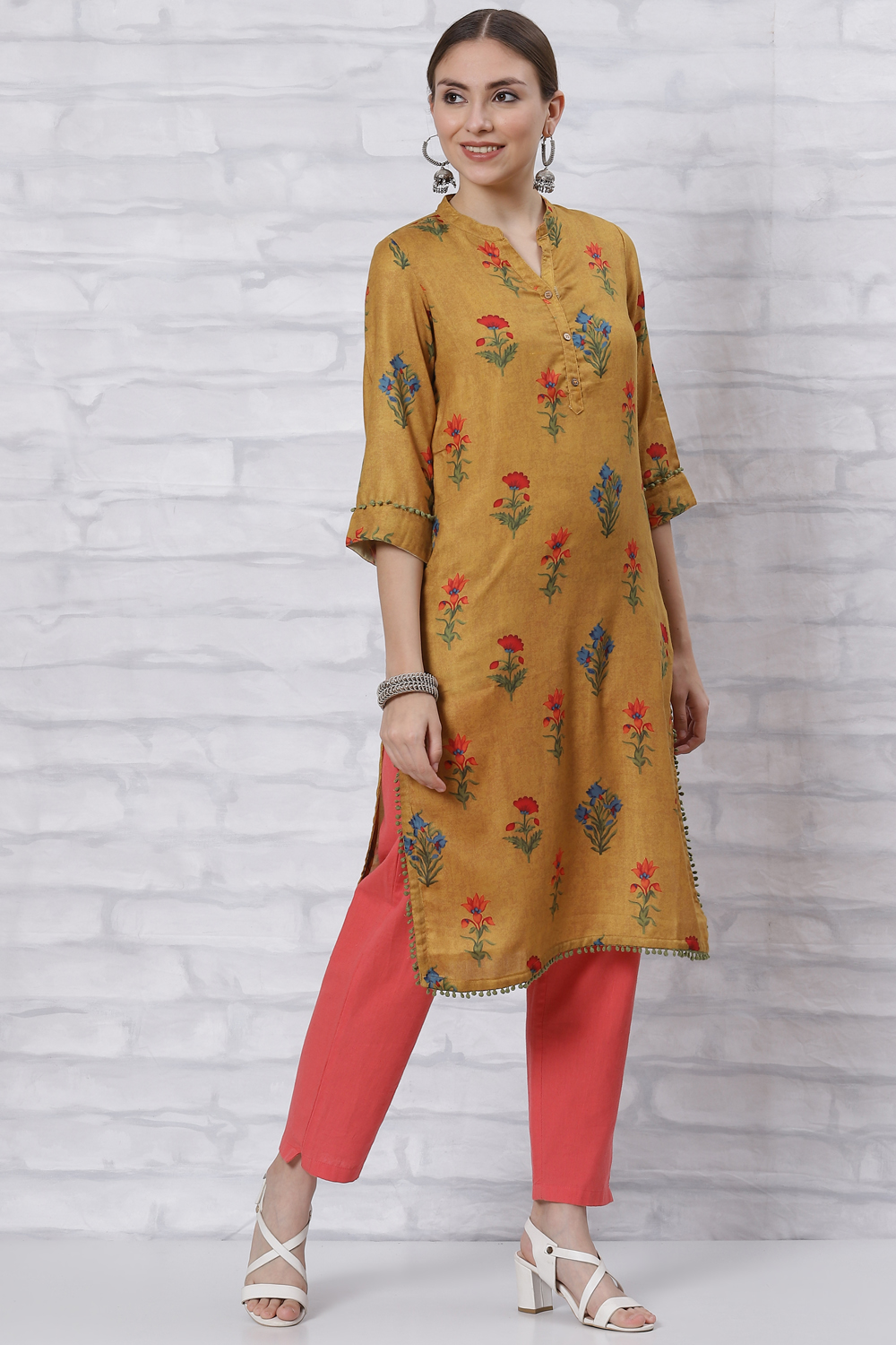 Peach Poly Cotton Straight Kurta image number 3